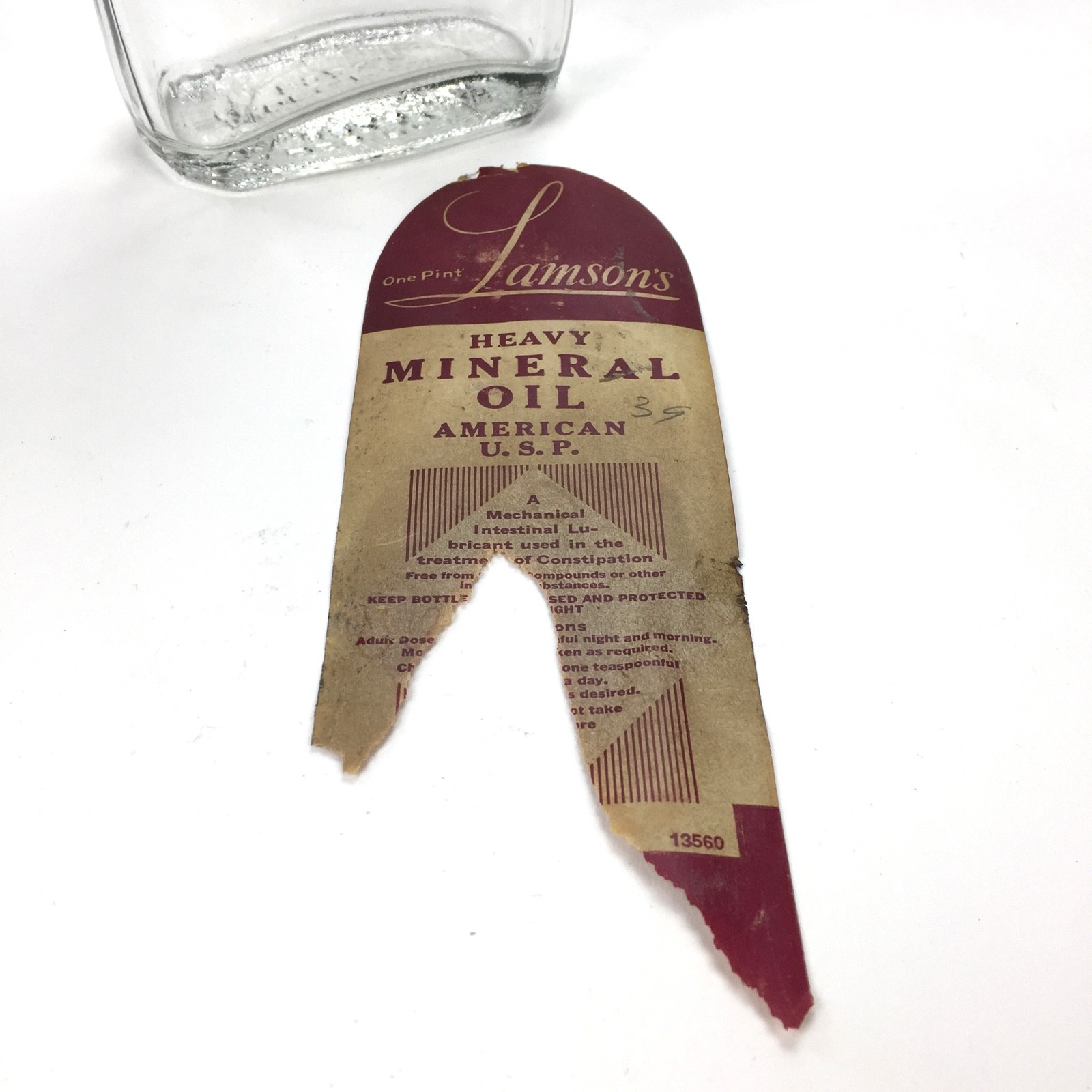 Vintage Lamsons Mineral Oil Glass Bottle & Label, Barber Shop decor, Hair Tonic