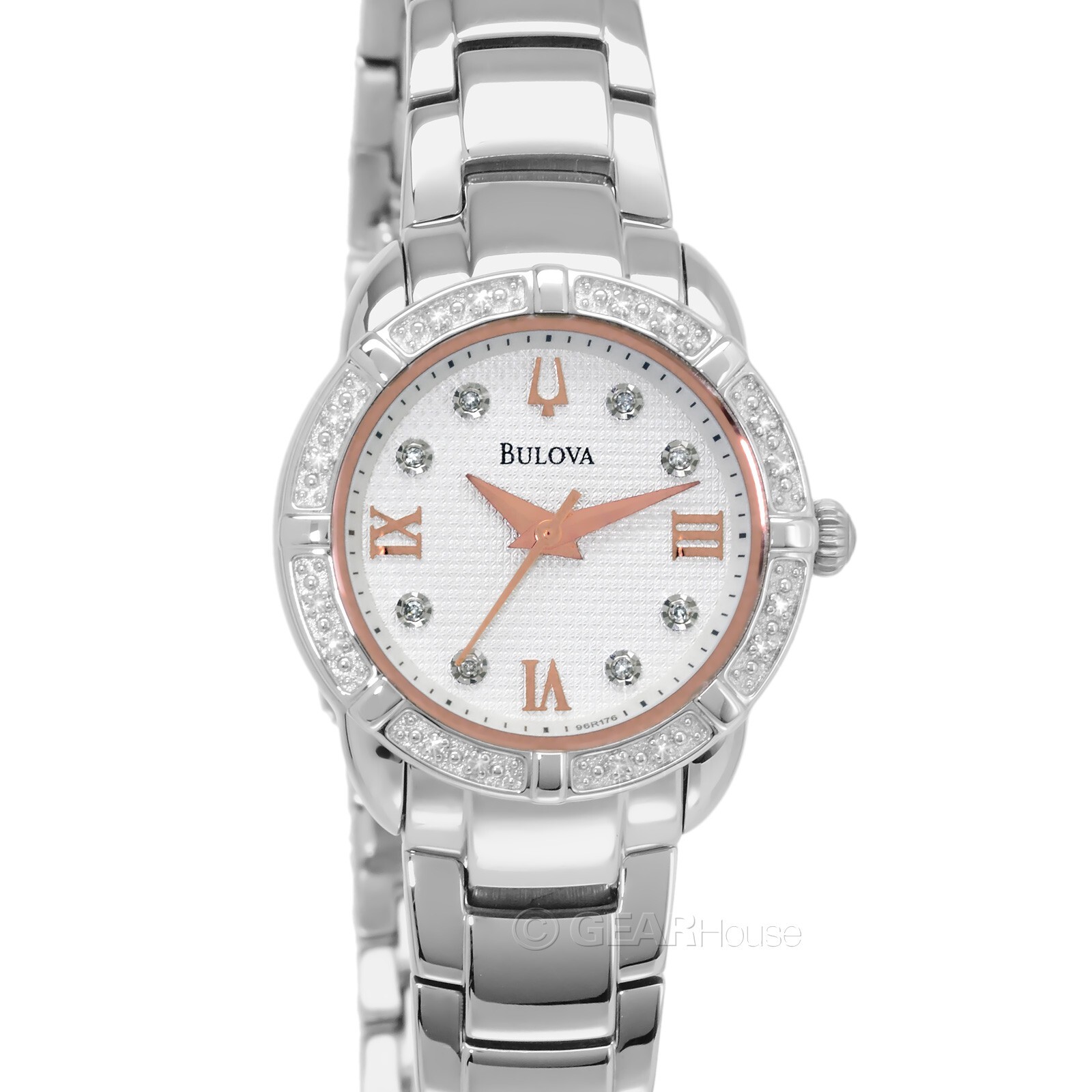 Женские наручные часы BULOVA с 24 бриллиантами, циферблат из белого и розового золота, стальной ремешок серебристого цвета