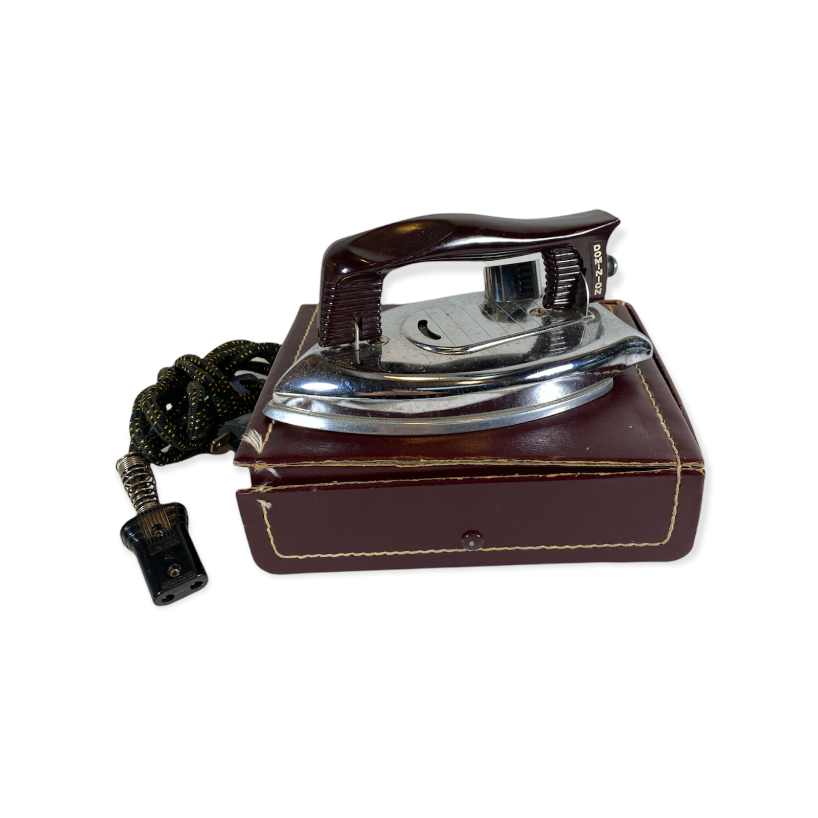 Vintage Dominion electric folding small travel size iron MCM w/ original box