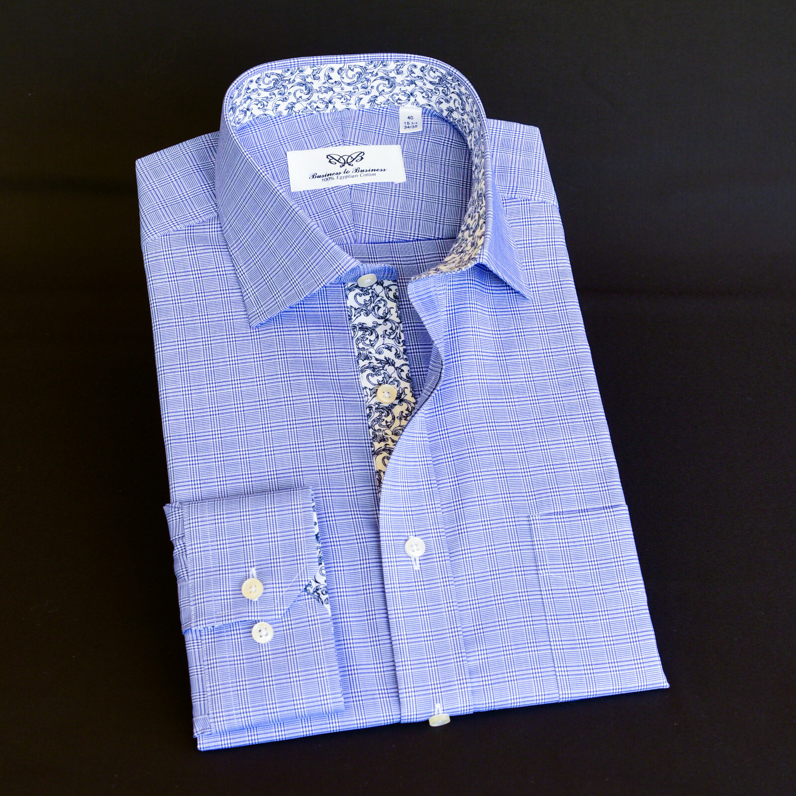 Blue Glen Check Business Dress Shirt Formal Floral Inner Lining Fashion Smart