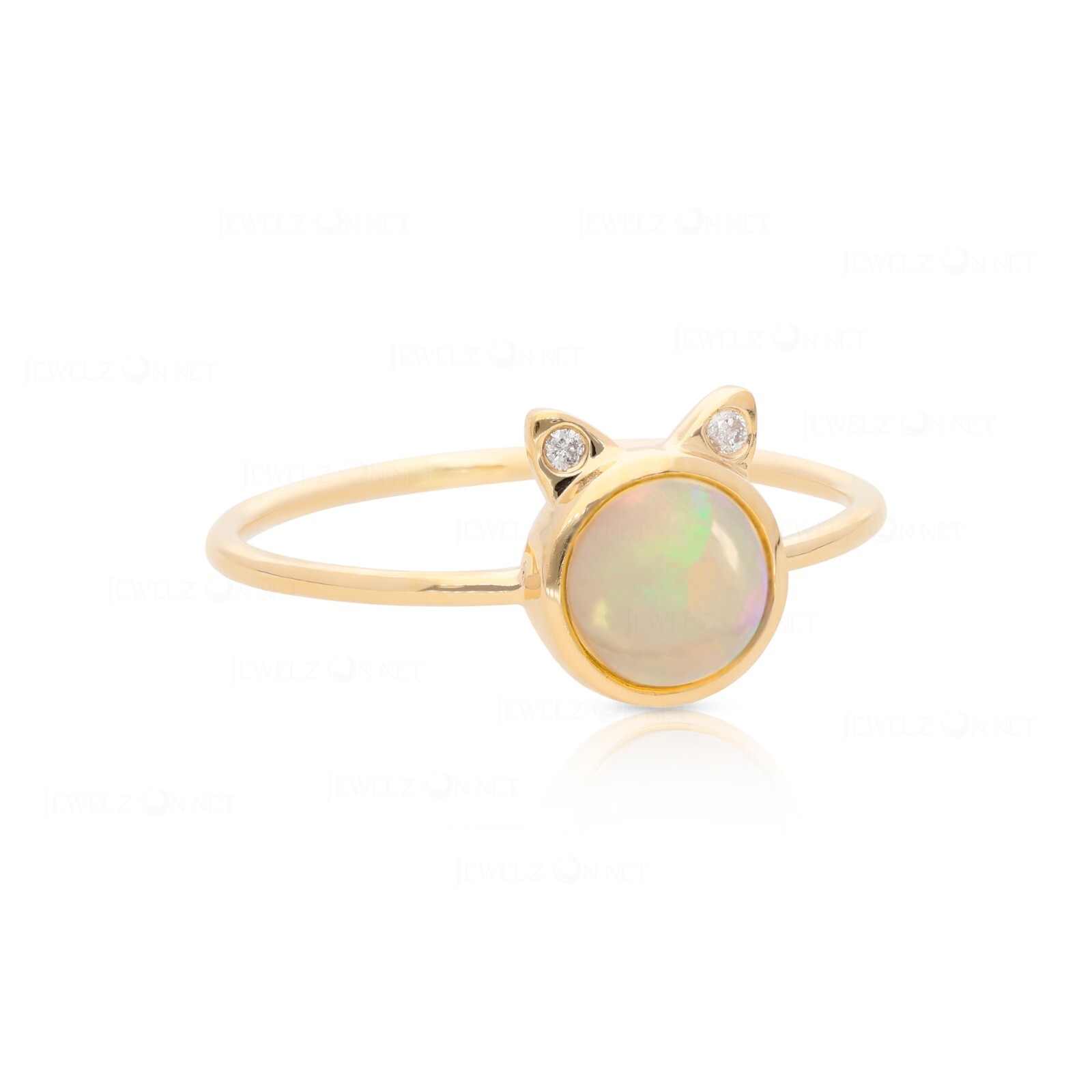 Pre-owned J.o.n 14k Gold Natural Diamond Opal Gemstone Feline (cat) Ring In White