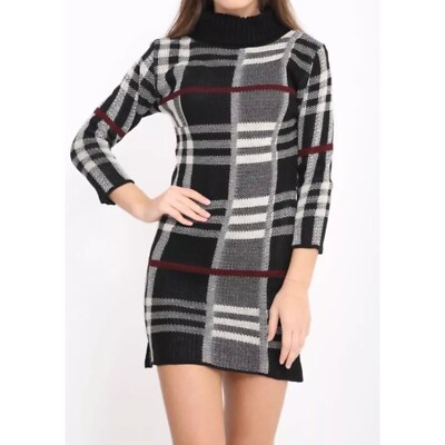 Women Long Sleeve Checked Knit Cowl Polo Neck Warm Bodycon Jumper Tunic Dress
