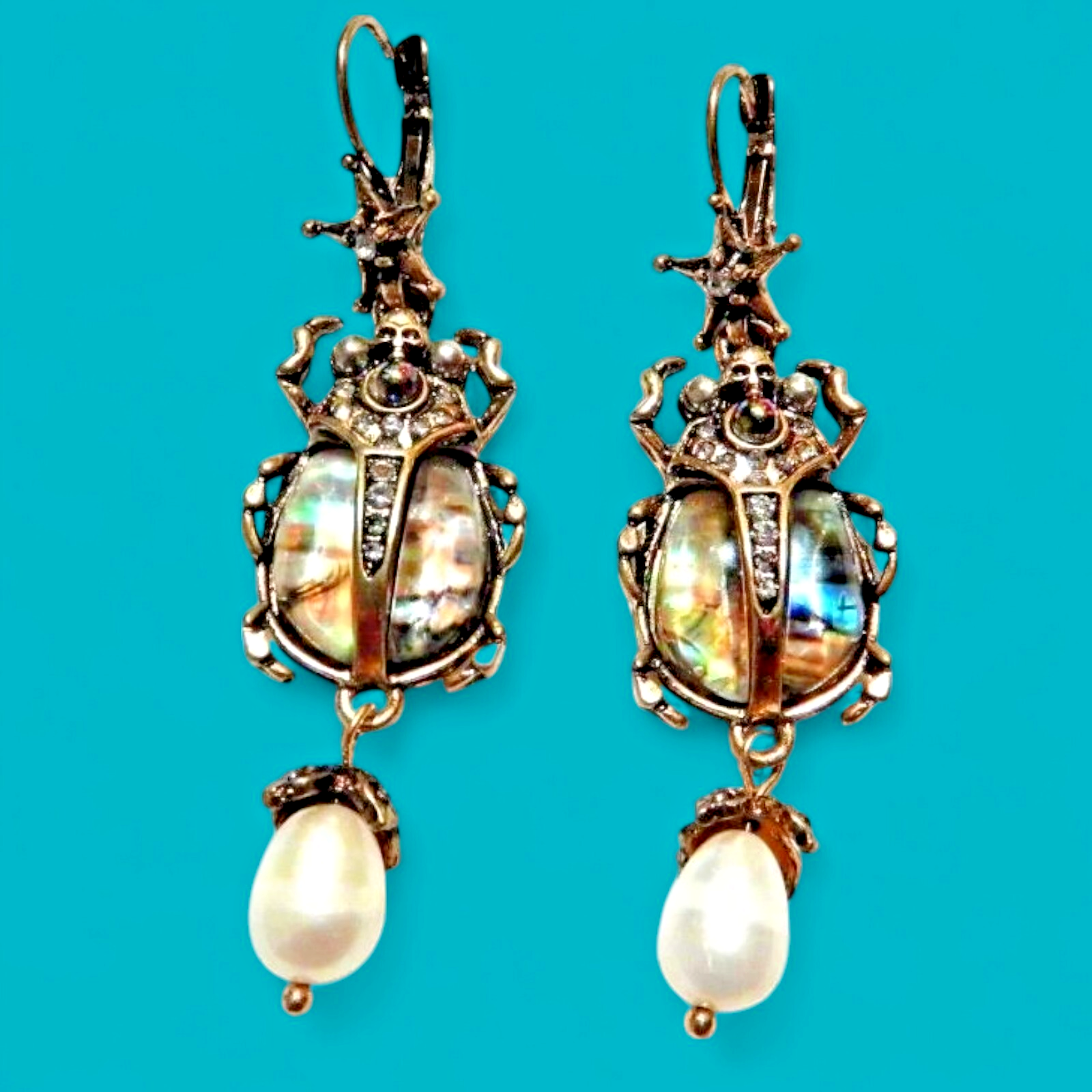 Abalone Shell Scarab Beetle Earrings skull crystal pearl