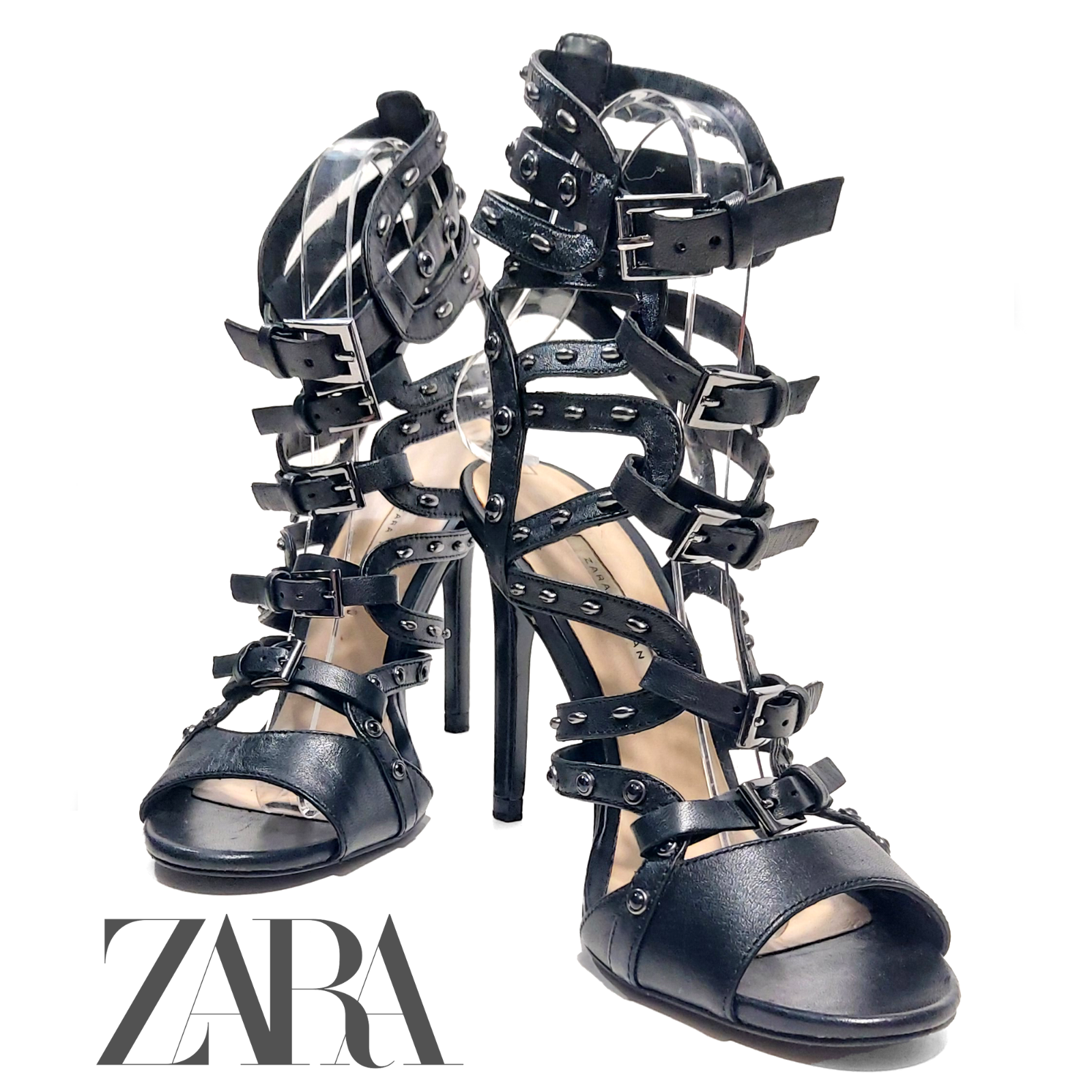Zara Black Leather Strappy Buckle Gladiator Sandals High