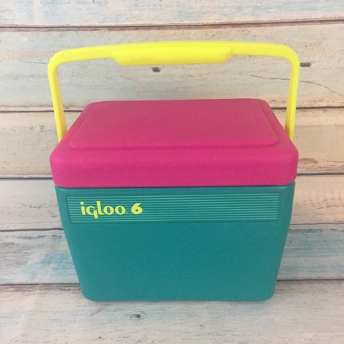 Vintage Neon IGLOO 6 Cooler 6-Pack Retro Lunchbox Teal Pink 1990s 90s Lid Handle