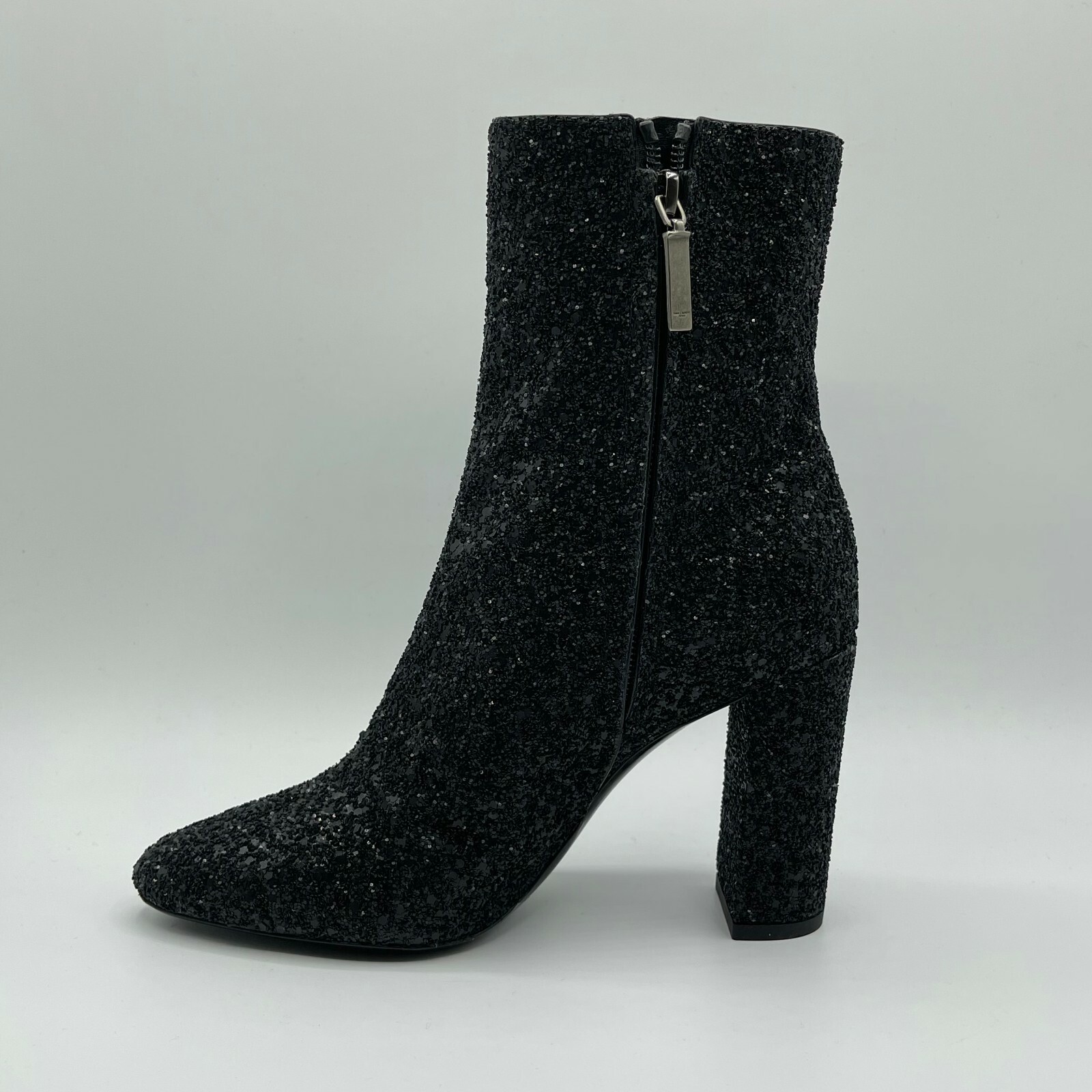 Pre-owned Saint Laurent $1095  Women Black Glitter Leather 110 Heel Ankle Boots 539210 1249