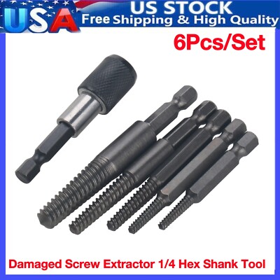 6PC/Set Damaged Screw Extractor 1/4 Hex Shank Tool Broken Stripped Bolt Remover