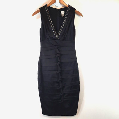 Cache Bodycon Beaded Sleeveless Dress Size 4 Black Satin Knee Length NYE Holiday