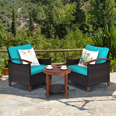 3PCS Patio Wicker Rattan Conversation Set Outdoor Furniture Set w/ Turquoise