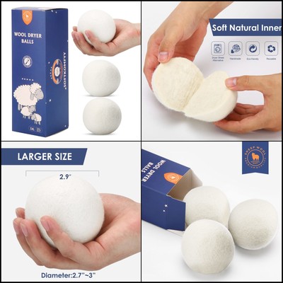 3 Premium XL Dryer Balls 100% Organic Natural New Zealand Wool Reusable BabySafe