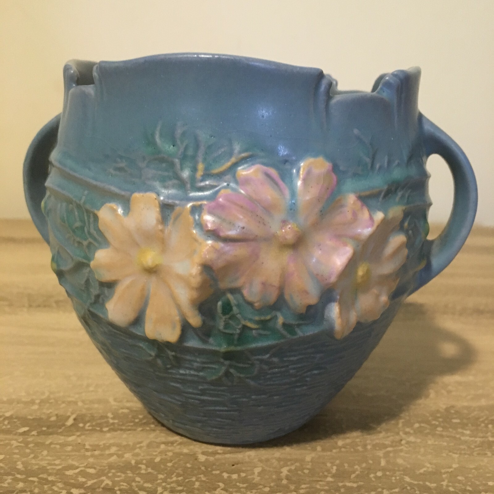 Roseville Art Pottery Cosmos Double Handled Jardiniere Bowl 649-4 Blue