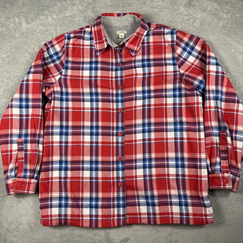 Ll Bean Sherpa Lined Flannel Shirt Womens Medium Red Plaid Button Up Shirt Thick