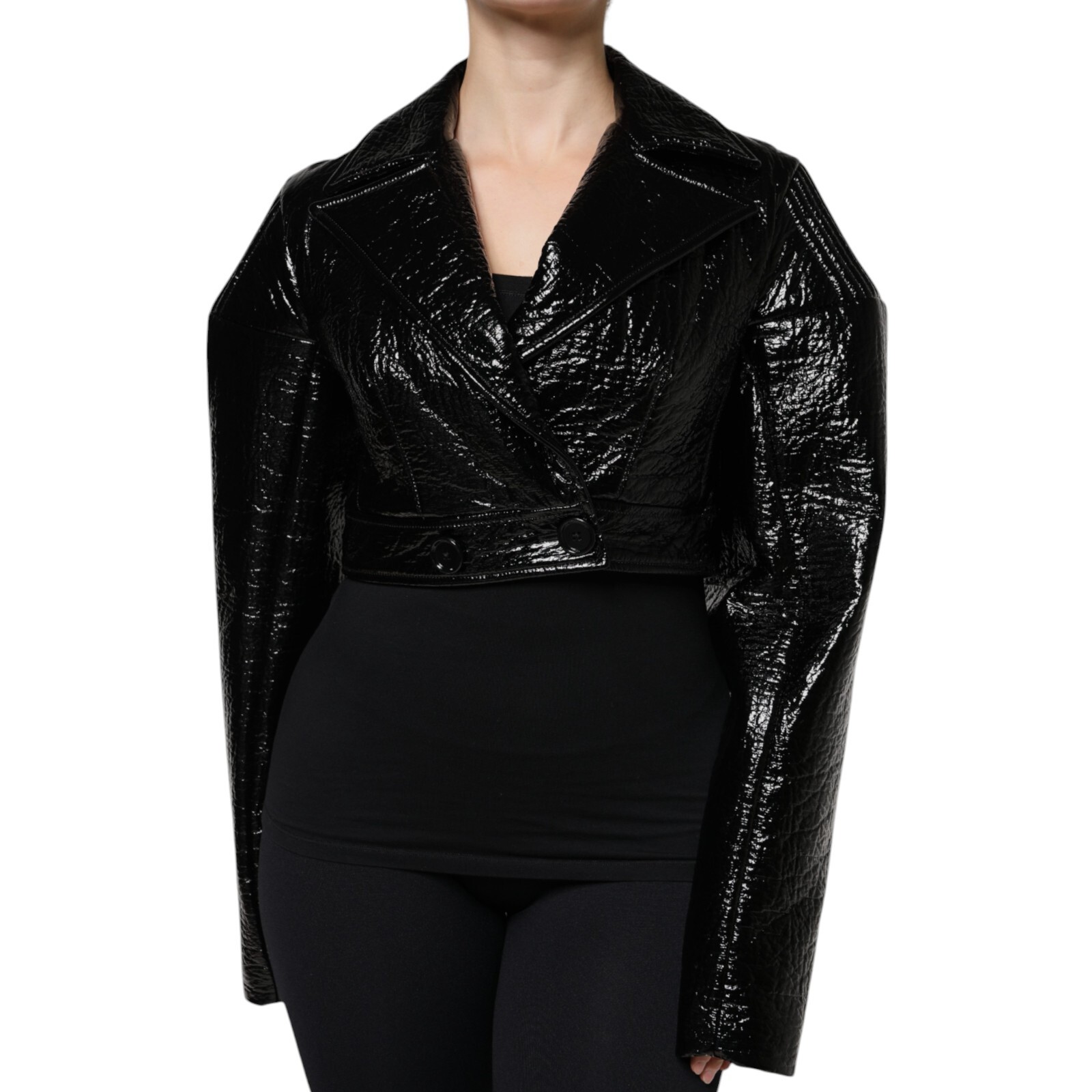 DOLCE & GABBANA Jacket Black Leather Cropped Long Sleeve Coat IT40/US6/S 4130usd