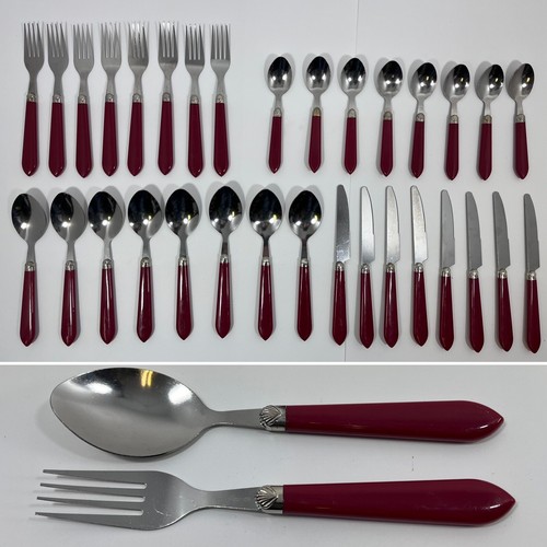 Vintage INOX 18/10 Burgundy / Red Handled Stainless Steel Flatware (Set for 8)