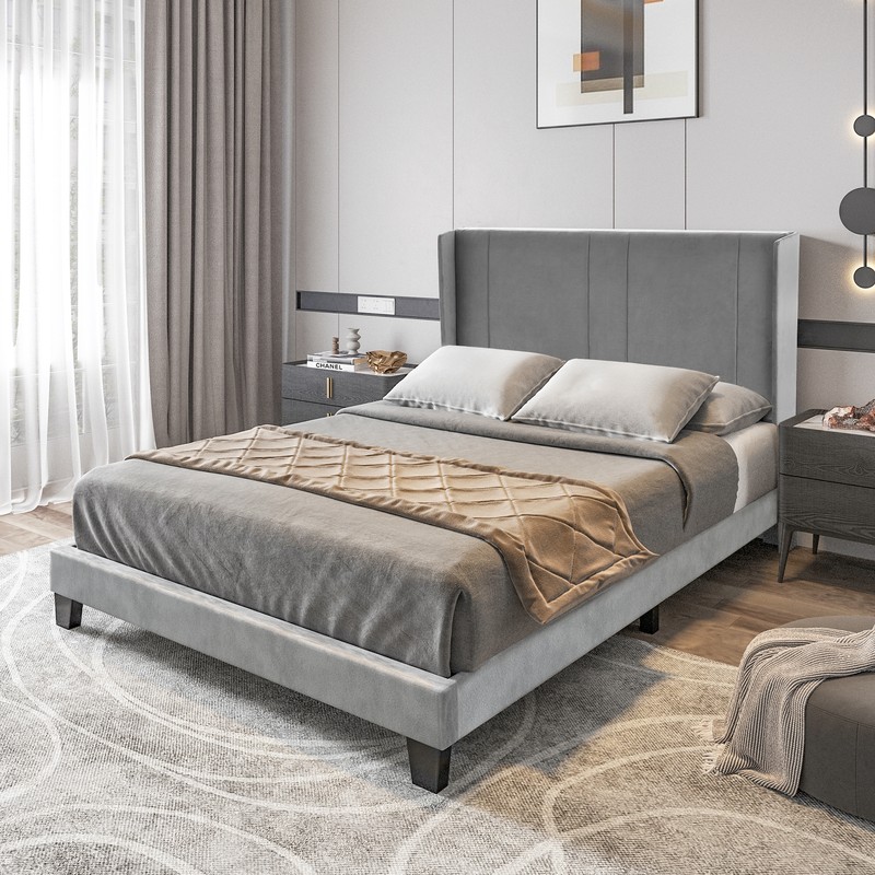 Upholstered Headboard Wood Slats Platform Gray