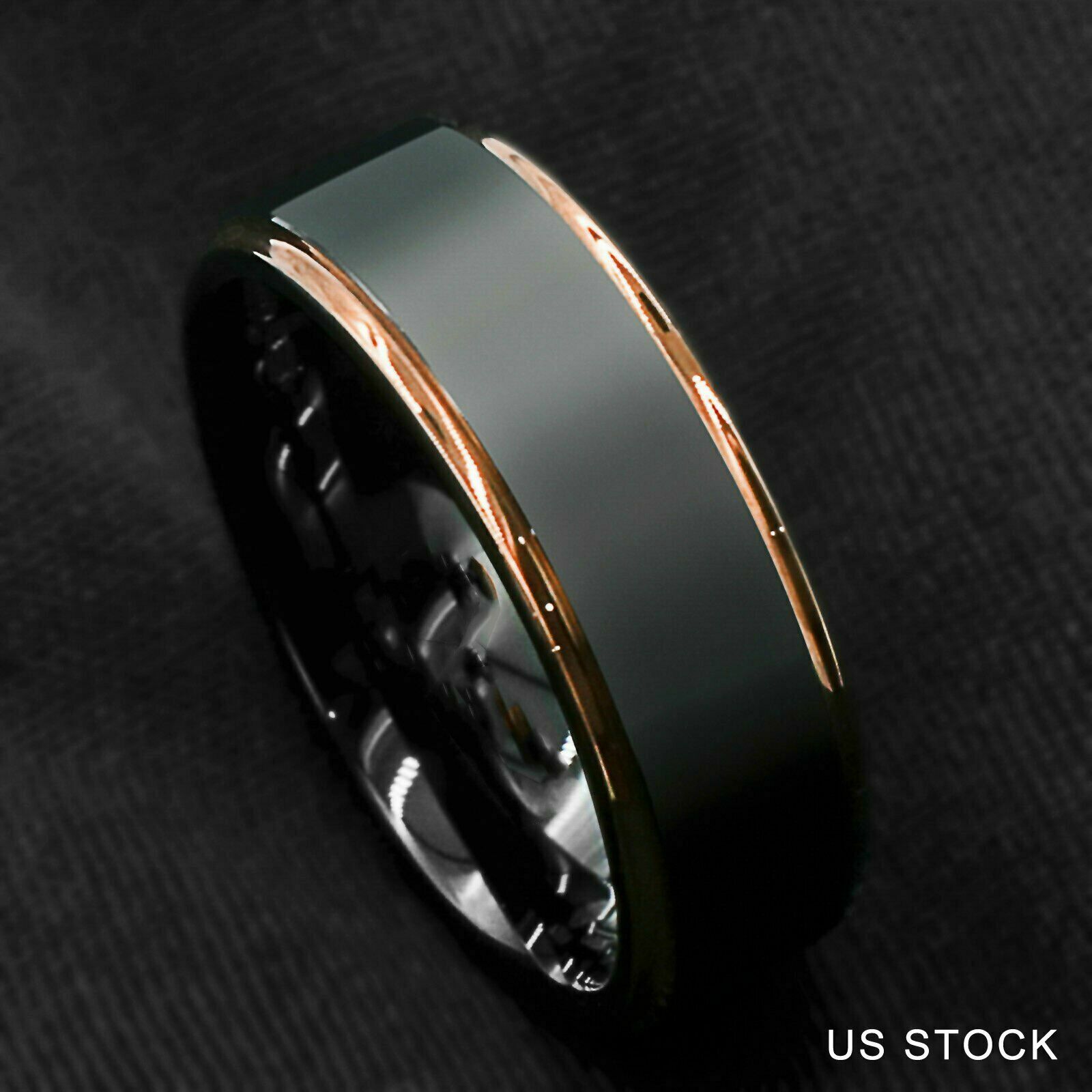 Tungsten Carbide Wedding Band Ring Rose Gold Step Edge w Brushed Black Center 