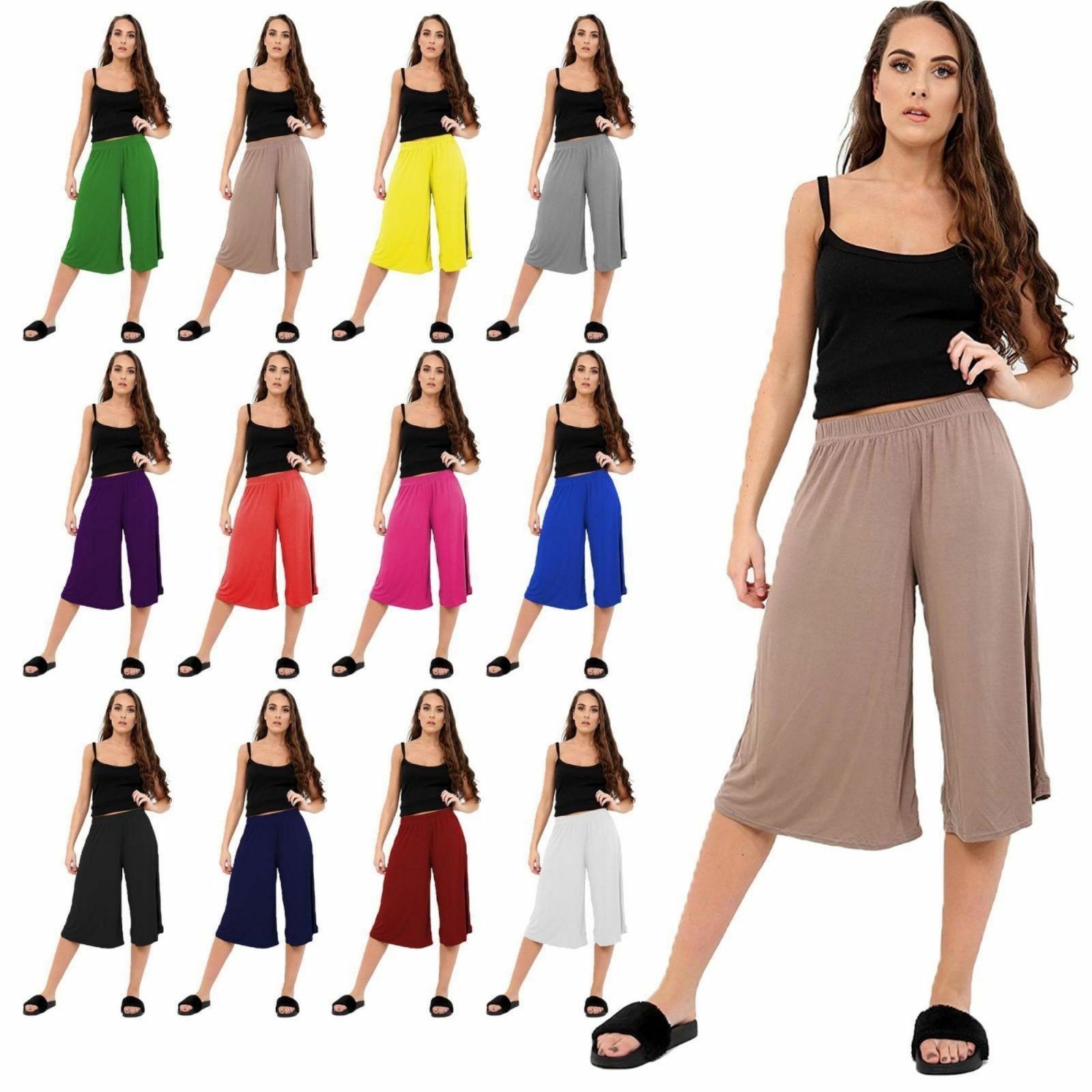 LADIES WOMENS ELASTICATED WAIST THREE QUARTER 3/4 WIDE CROPPED PANTS  TROUSERS | eBay
