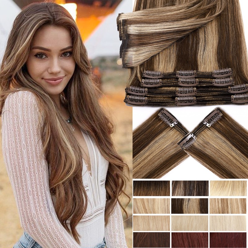 Double Weft Clip-in Extensions for Complete Hair 100% Human Hair 8pcs Any Color
