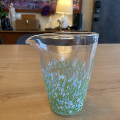 VINTAGE STUDIO CRAFTED BLUE GREEN COLORED HAND BLOWN ART GLASS PITCHER 4.75 