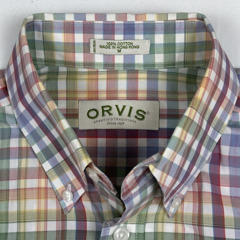 Orvis Shirt Mens M Red Blue Plaid Button Up Short Sleeve Camp Cotton Casual
