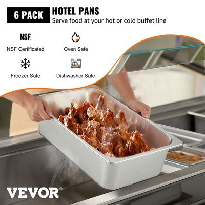 VEVOR 6 Pack 6" Deep Stainless Steel Steam Table Pans Hotel Food Prep Pan