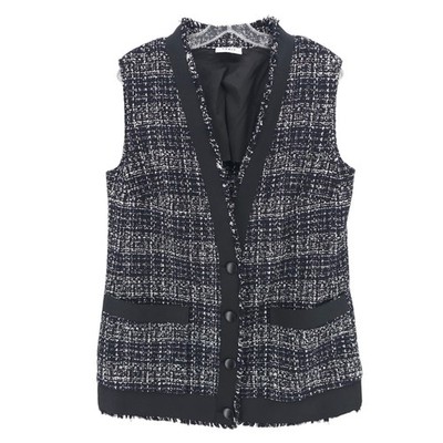 AKRIS PUNTO Tweed Vest Black Navy White Plaid Pattern Fringe Size US 14