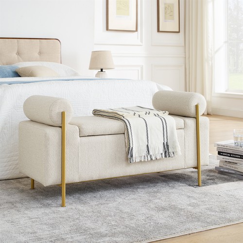 Storage Bench Storage Ottoman with Upholstered and Cylindrical Arms for Bedroom