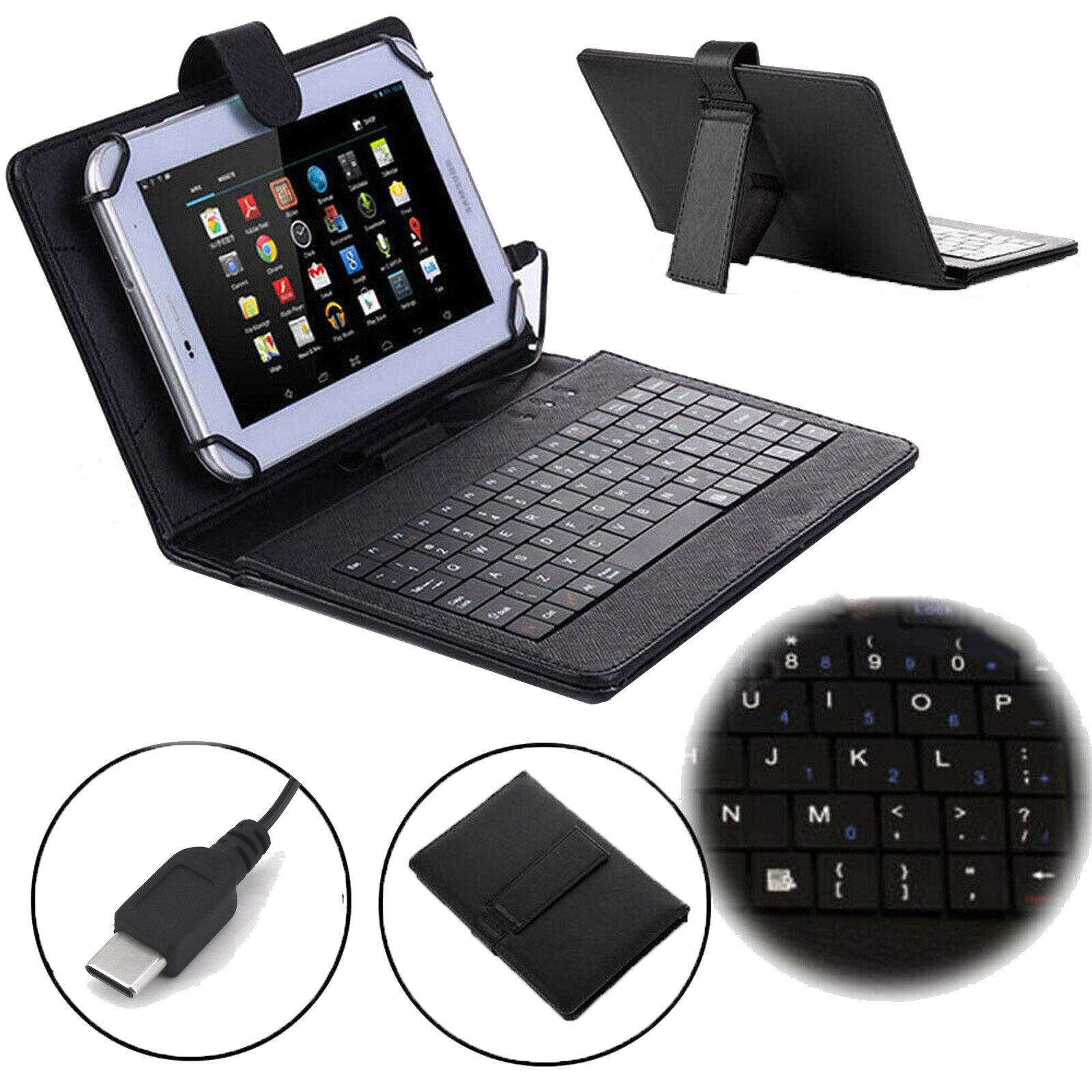 Universal Leather Case Stand Cover With Type C Wired Keyboard For Android Tablet
