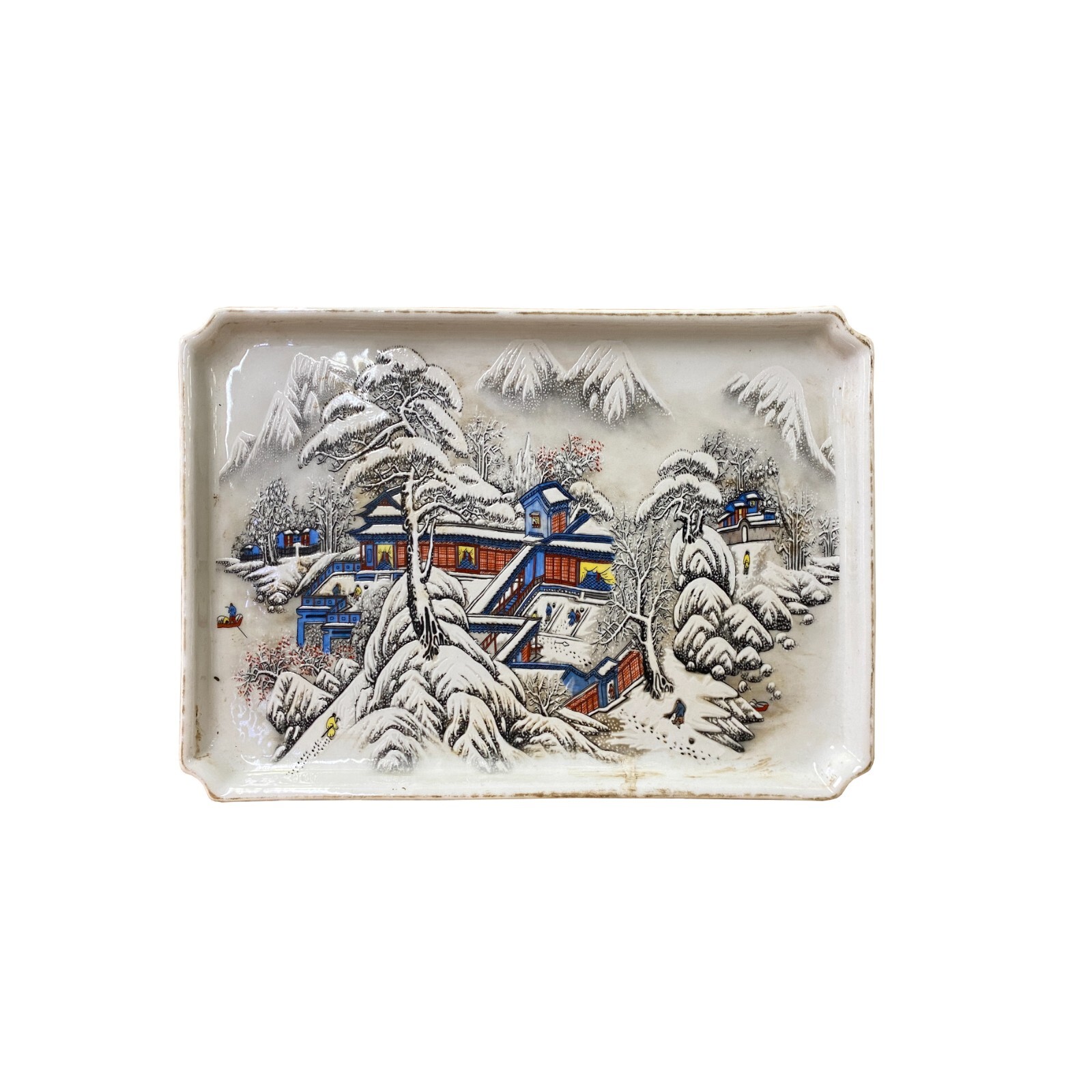 Distressed Off White Porcelain Snow Trees House Rectangular Display Plate ws3197S Distressed Off White Porcelain Snow Trees House Rectangular Display Plate ws3197S
