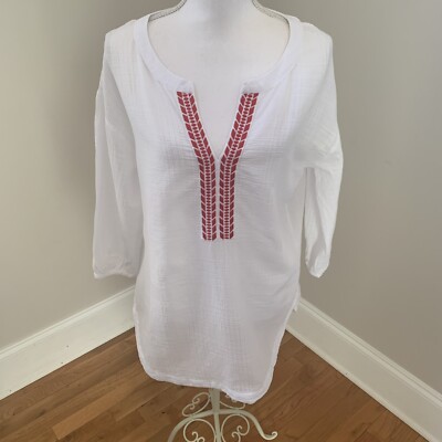 Universal Thread Ladies White & Red Y- Neck 3/4 sleeve BOHO tunic small