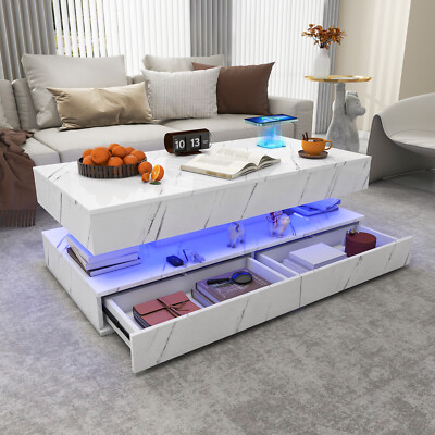 High Gloss Coffee Table Center Cocktail Table with LED Lights & Sliding Drawers