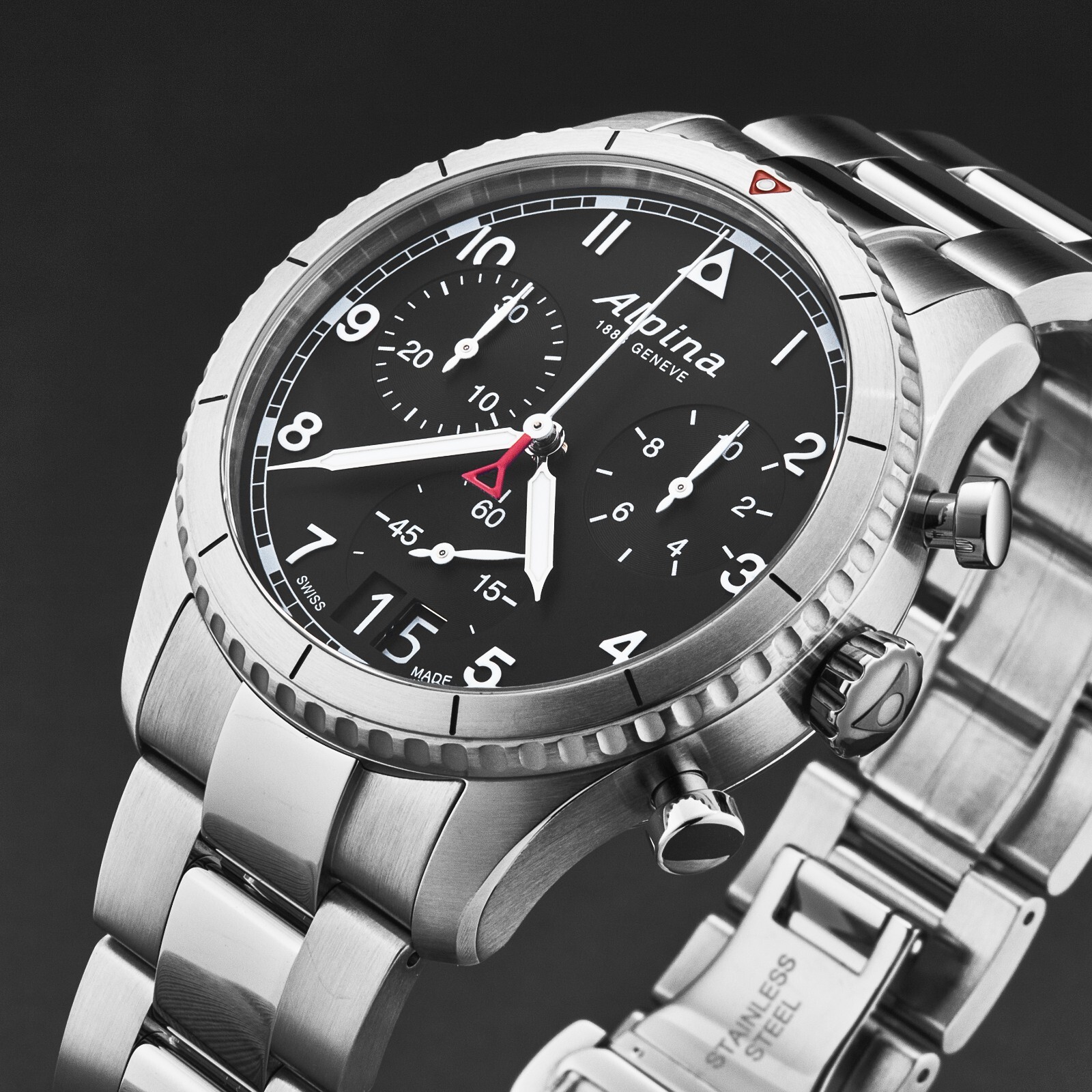 Pre-owned Alpina Men's Startimer Pilot Chronograph Black Dial Ss Bracelet Al-372bw4s26b