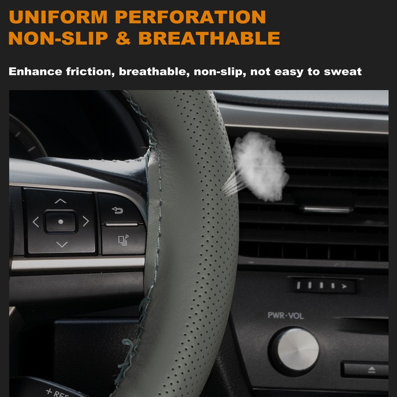15'' Grey Genuine Leather DIY Car Steering Wheel Cover Breathable Anti-slip &