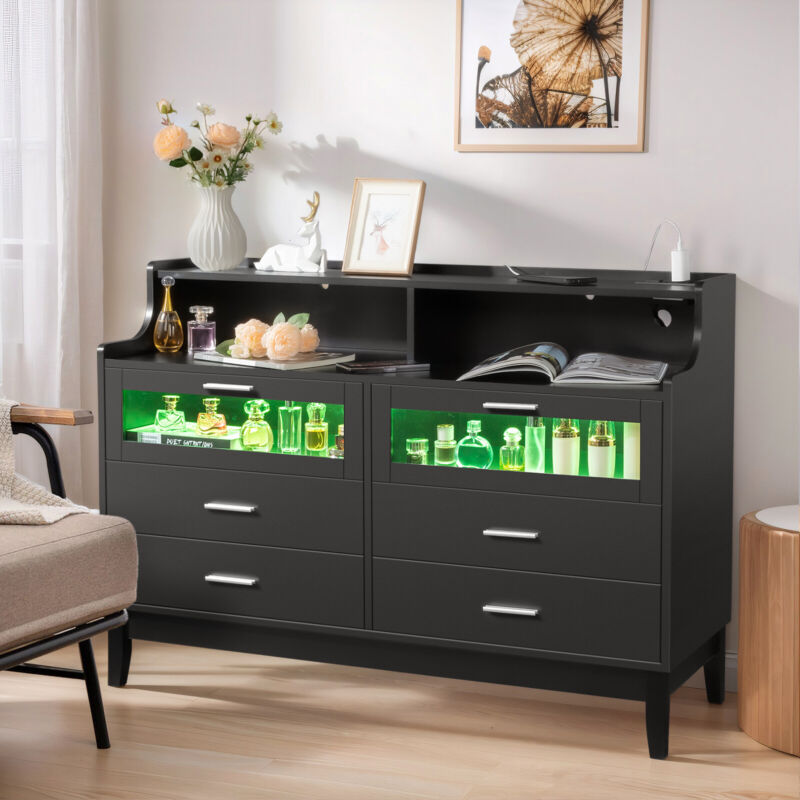 LED 6 Drawers Dresser 47" Dressers Chests of Drawers for Bedroom Home Storage
