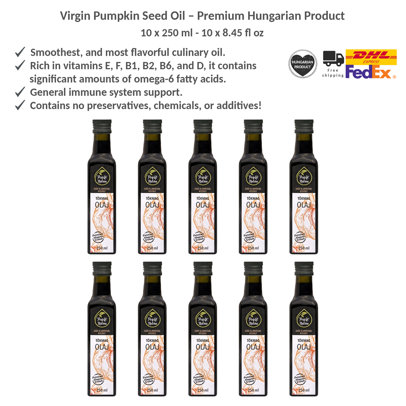 Hungarian Virgin Pumpkin Seed Cold-Pressed Oil, Culinary Vegetable Oil, 250mlx10