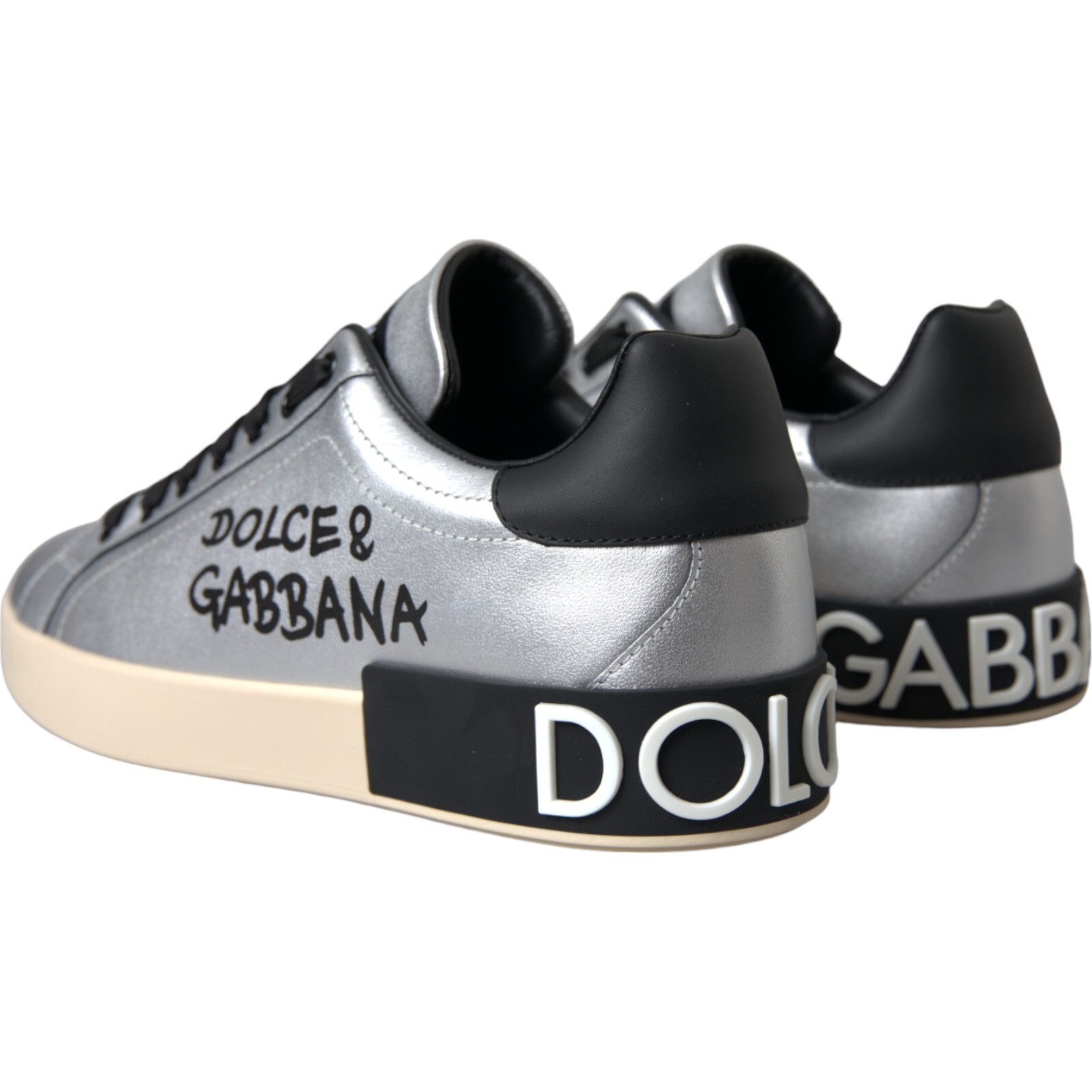 Pre-owned Dolce & Gabbana Shoes Silver Portofino Calf Leather Sneakers Mens Eu40 / Us7