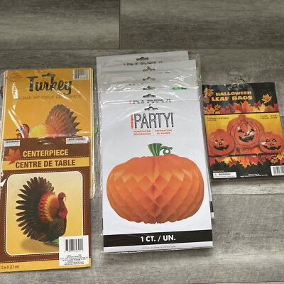 Vtg & Vtg Style Turkey & Pumpkin Decorations Beistle Honeycomb Tissue Lot Of 9