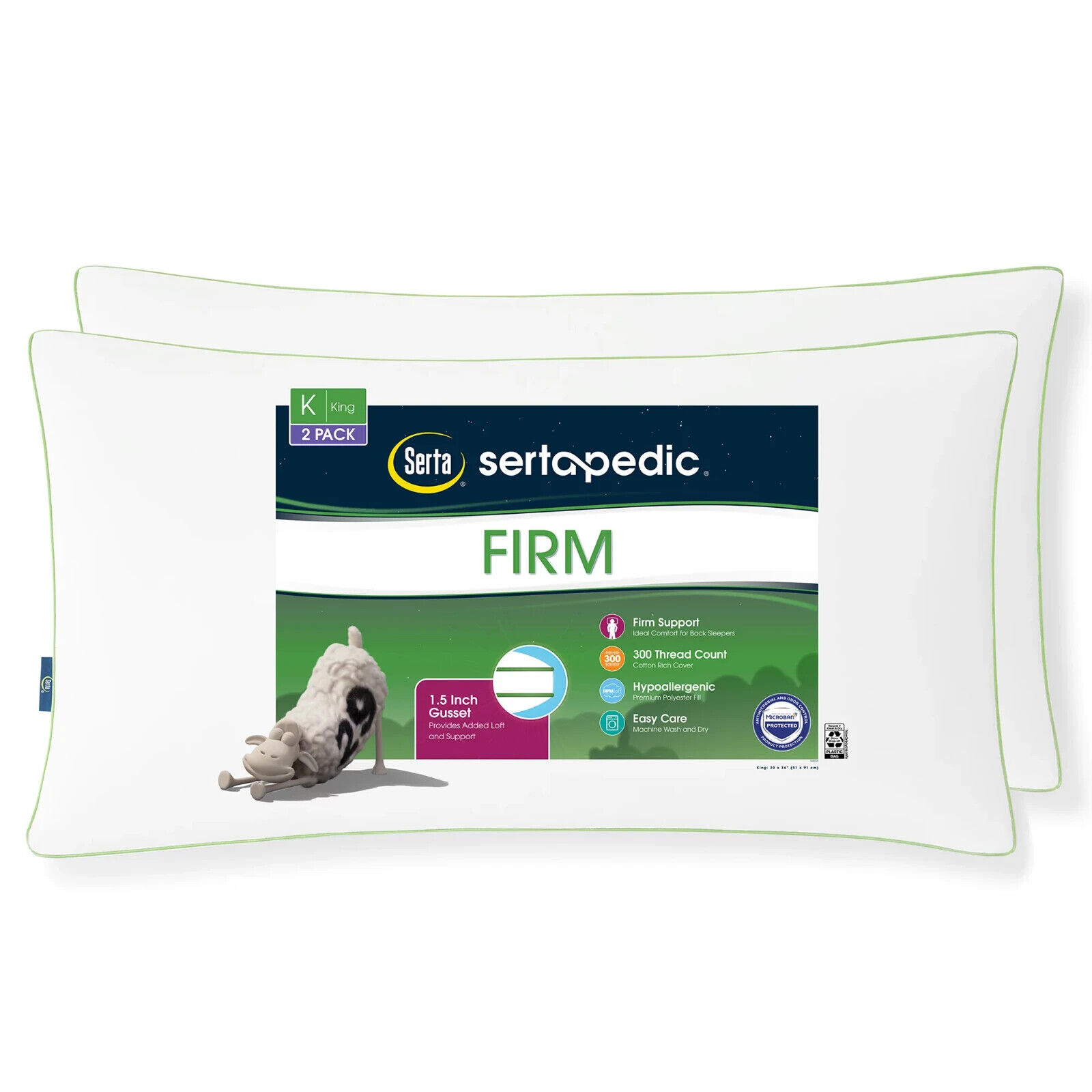 Sertapedic Firm Bed Pillow, King-sized, 2 Pack Free Delivery