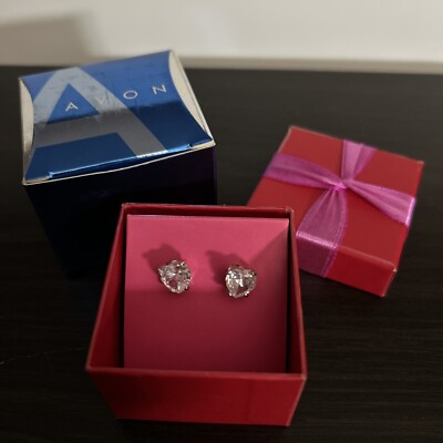Avon CZ Heart Shaped Silvertone Earrings In A Gift Box 2004