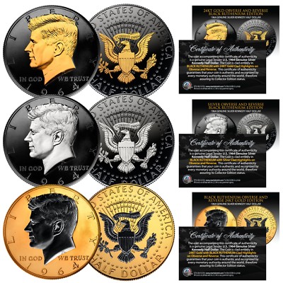 1964 BU Silver Kennedy Half Dollar 2-Sided BLACK RUTHENIUM Set of All 3 Versions