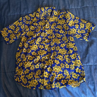 Club Room Mens Camp Collar Floral Hawaiian Shirt Sz Medium Short Sleeve Blue