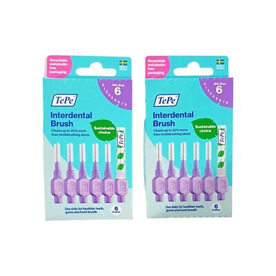 2x Tepe Purple 6 packs Interdental Size:6 ,1.1mm , 12 xBrushes,Made in Sweden