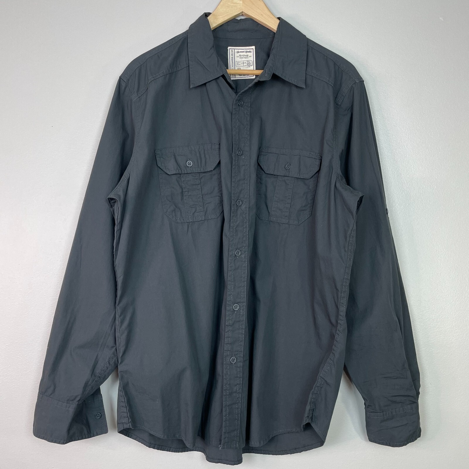 ★名品★Alexandre Julian　プレーントゥ　US NAVY Colours Alexander Julian Shirt Large Gray Pocket Cotton Long