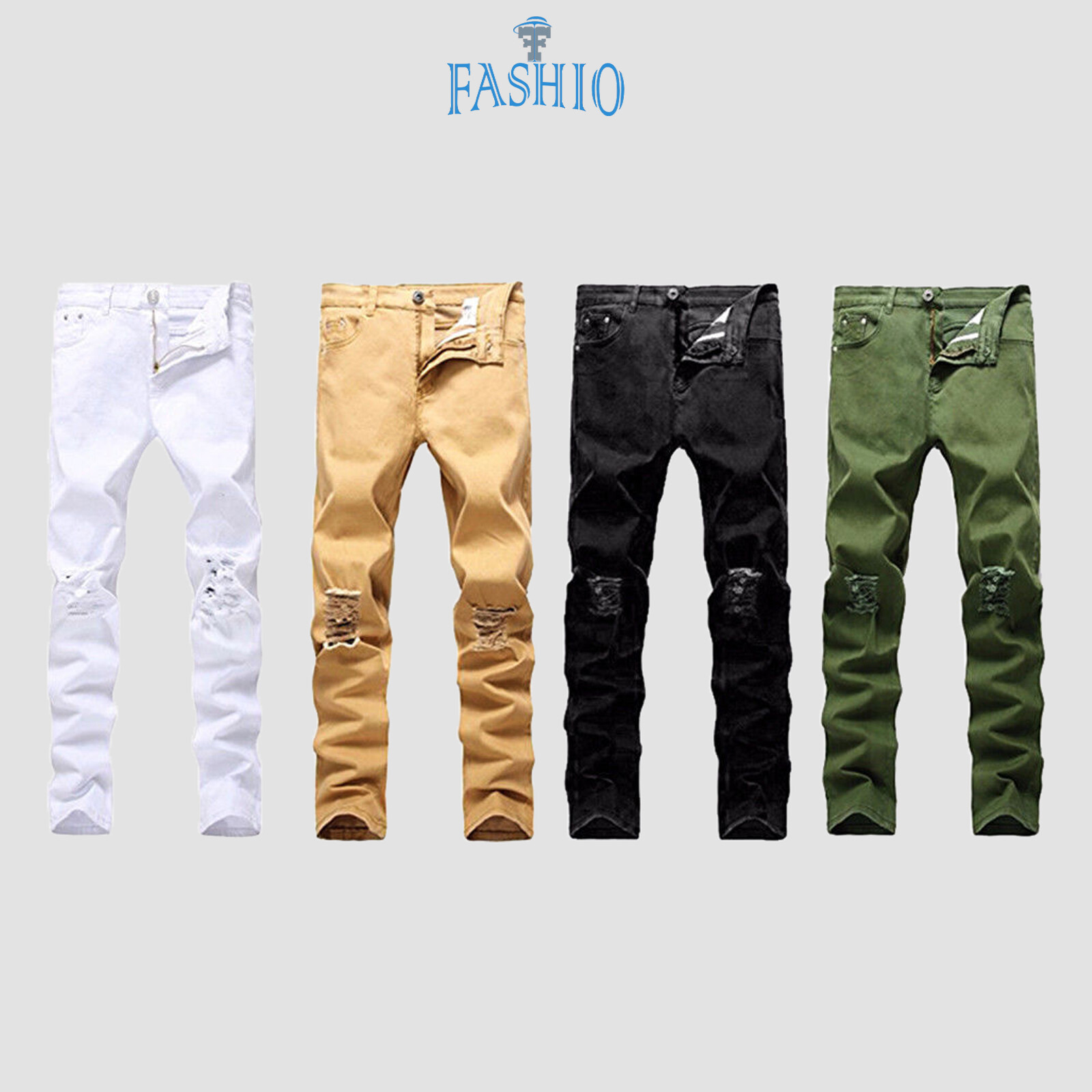 FASHIO Mens Denim Ripped Skinny Fit Stretch Slim Fit Biker Pants Destroyed Jeans