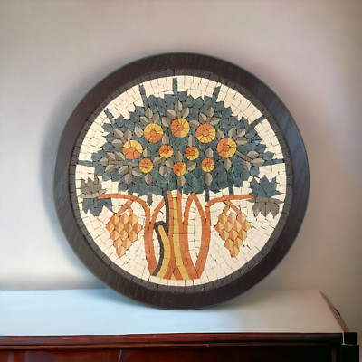 MADABA TREE HAND MADE 13'' ROUND MOSAIC MARBLE TILE ART HOME DECOR VINTAGE WALL