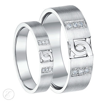 His & Hers Sterling Silver Diamond D Link Design Wedding Ring