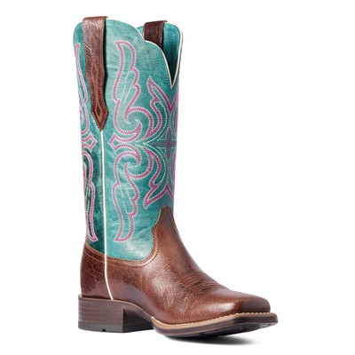 Pre-owned Ariat Ladies Primera Barrel Brown & Teal Stretchfit Boots 10038303 In Multicolor