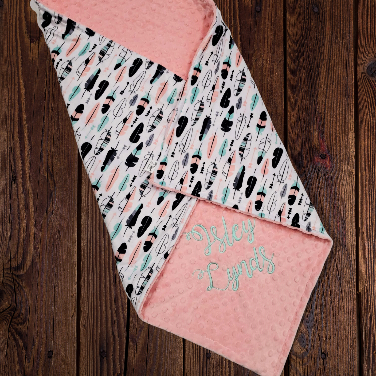 Minky Blanket,Personalized,Aztec,Feathers,Baby Girl,Toddler, Boho, Mint, Blush