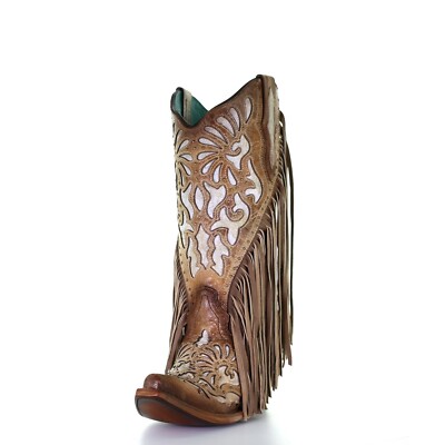 Pre-owned Corral Boots Corral Ladies Saddle Brown Lamb Inlay Embroidery & Fringe Boots C3766