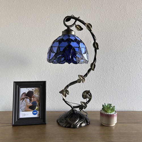 Tiffany Style Table Lamp Baroque Style Lavender Blue Stained Glass 21"H